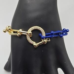 KC CHIC Gold Royal Blue Paper Clip Ball Chain Link Pave Crystal Bracelet
